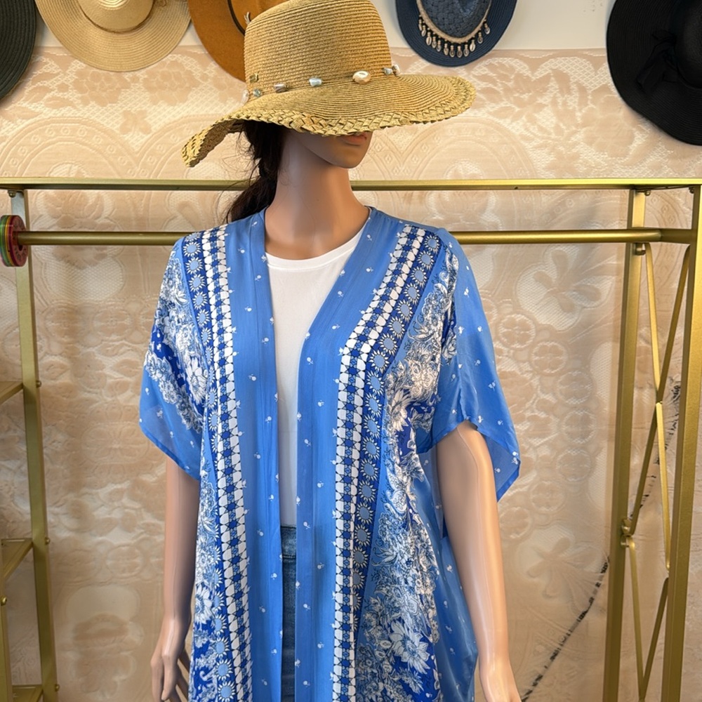 LOFT Blue White Trellis Boho Kimono Duster Open‎ Front Cover Up – XS/S - Picture 3 of 7